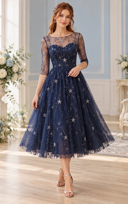 Dark Navy Star Embroidered Illusion Elbow Sleeve Tea-length Dress