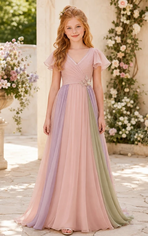 Zartrosa Brautjungfernkleid, A-Linie, V-Ausschnitt, kurze Puffärmel, Schärpe/Band, elegant