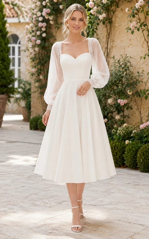 Romantic Sweetheart Sheer Bishop Sleeve Tea Length Garden Wedding Dress