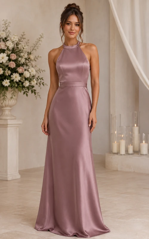 Mauve Satin Halter Sheath Bridesmaid Dress