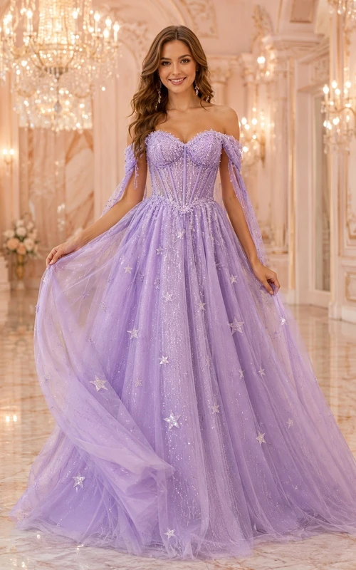 Himmlisches Lavendel-Ballkleid aus schulterfreiem Pailletten-Tüll mit Sternenmuster