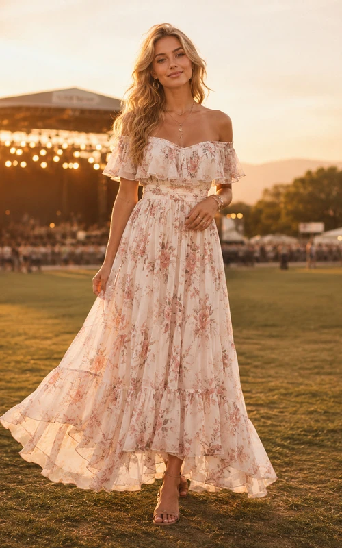 Cream Floral Off Shoulder Boho Outdoor Concert Maxi Dress