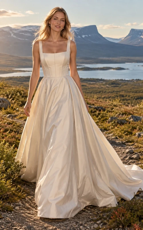 Vestido de novia de corte A en tafetán color champán con escote cuadrado, corpiño con paneles y tirantes anchos.