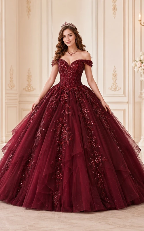 Burgundy Quinceanera Ball Gown Layered Tulle Off-the-Shoulder Applique Luxury Formal