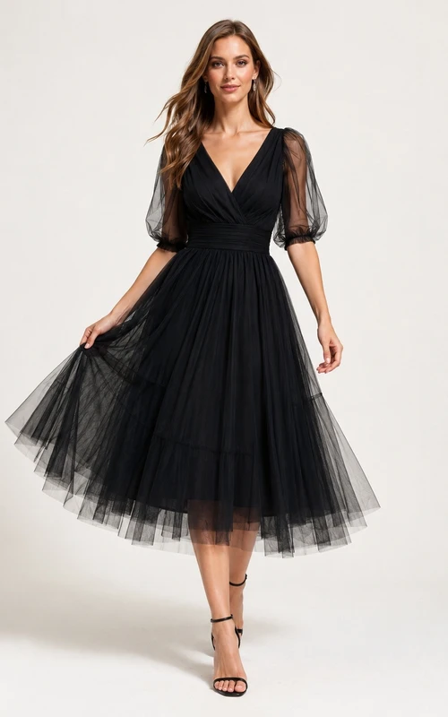 Schwarzes Tüll-Abendkleid mit V-Ausschnitt, langen Ärmeln, A-Linien-Schnitt und Teelänge