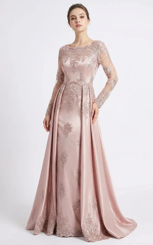Vestido de noche de satén rosa empolvado con mangas largas de encaje y bordado floral.