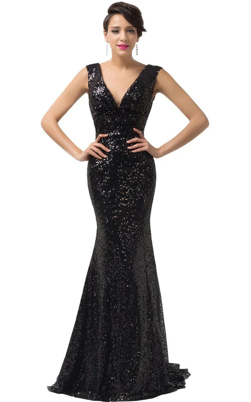 Vestido de sirena sin mangas con escote en V y lentejuelas por toda la prenda.