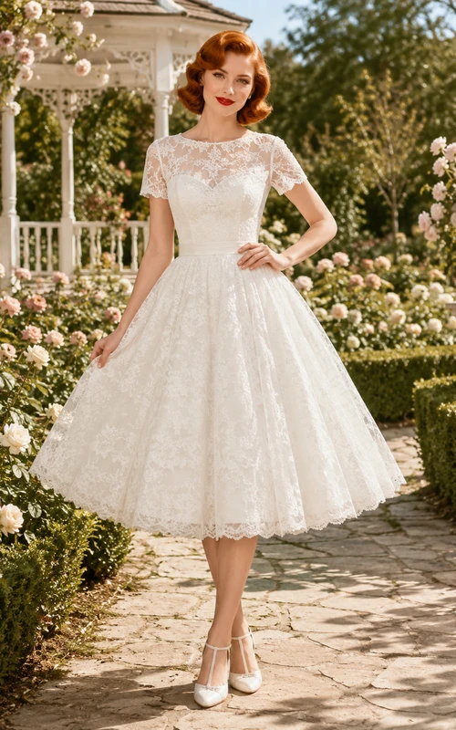 Vintage Lace Cap Sleeve Tea-Length A-Line Wedding Dress