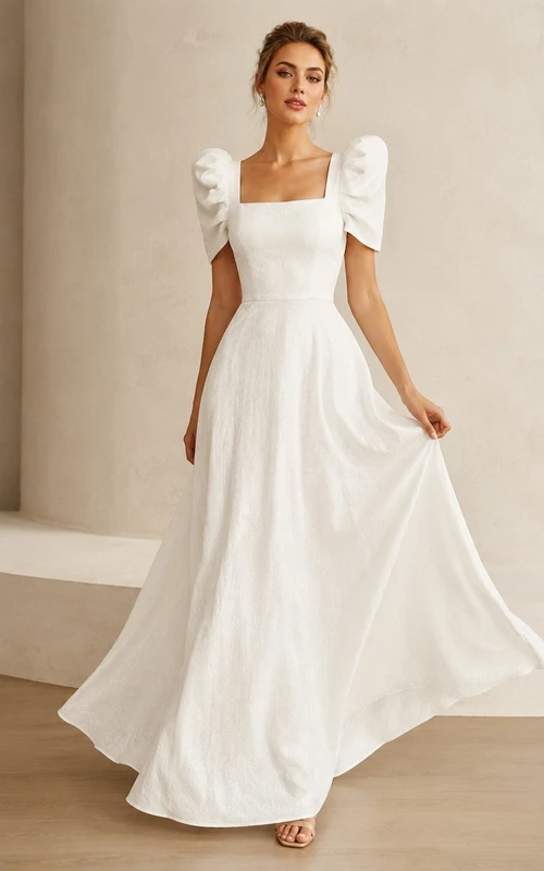 Bridal Romantic Square Satin Short-Sleeve A-Line Floor-Length Wedding Dress