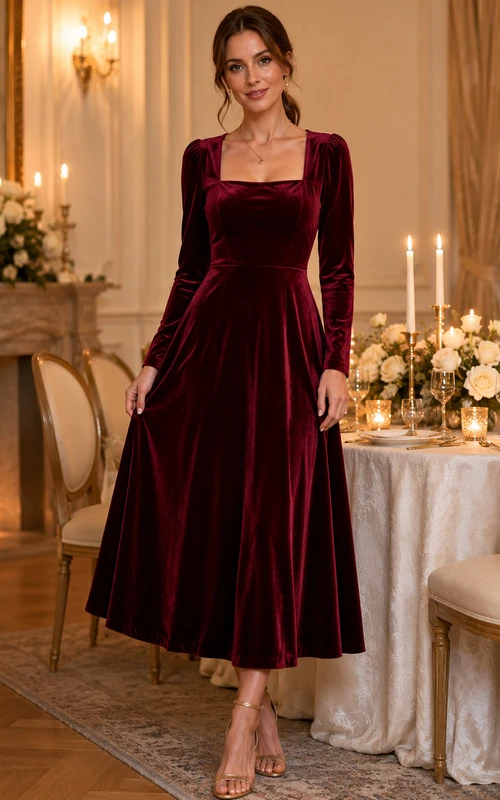 Robe midi trapèze à manches longues et col carré en velours bordeaux