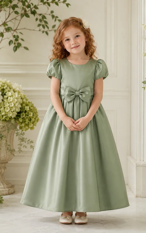 Robe de demoiselle d'honneur trapèze en satin sauge, col rond, manches bouffantes et nœud sur le devant