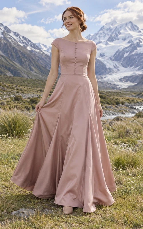 Schlichtes, altrosafarbenes Brautkleid aus Satin mit kurzen Ärmeln und A-Linien-Schmuck