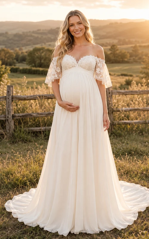 Vestido de novia campestre de gasa y encaje, corte en A, hombros descubiertos, manga corta, cola larga.