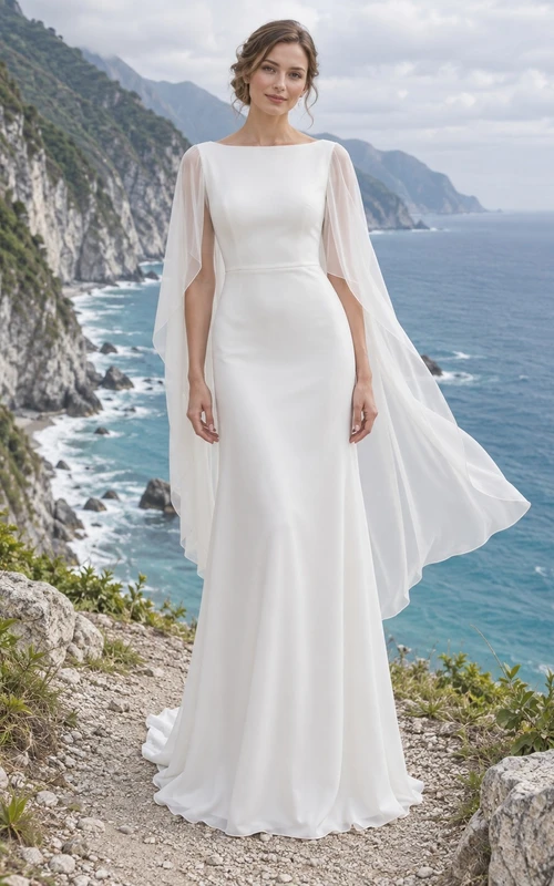 Schlichtes, elegantes Chiffon-Brautkleid mit hohem Kragen, Cape und Schleppe