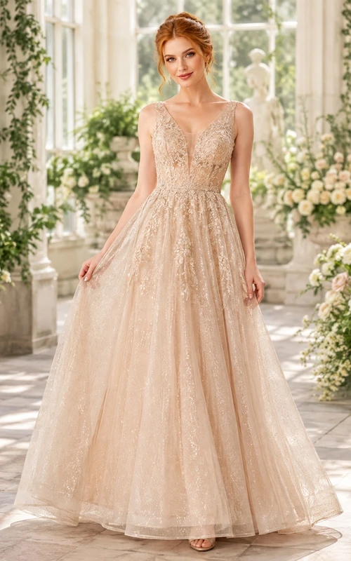 Champagne Romantic Floral Lace Cap-Sleeve A-Line Formal Evening Gown
