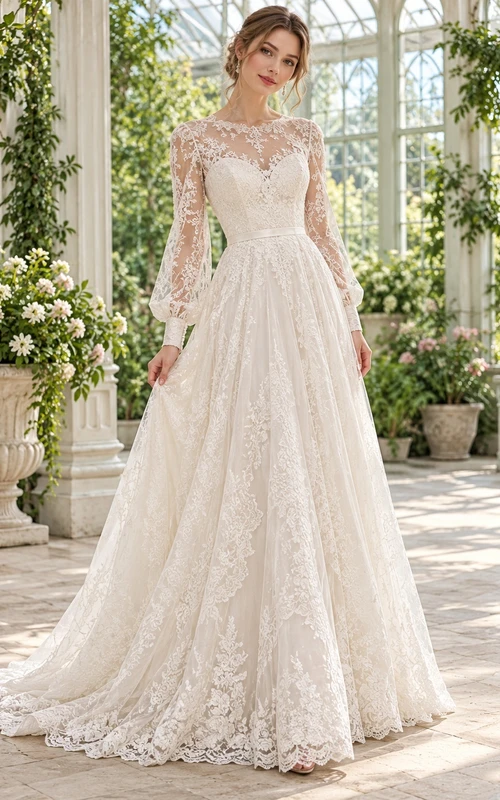 Vintage Long Sleeve Bateau Sweetheart Lace A-Line Bridal Wedding Dress