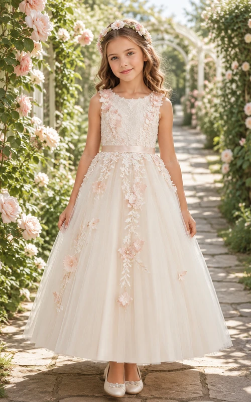 Blumenmädchenkleid aus elfenbeinfarbener Spitze und Tüll, A-Linie, Rundhalsausschnitt, Teelänge, florale Applikationen