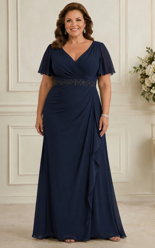 Robe de maman grande taille en mousseline de soie à manches courtes, col en V et coupe trapèze, ornée de fronces