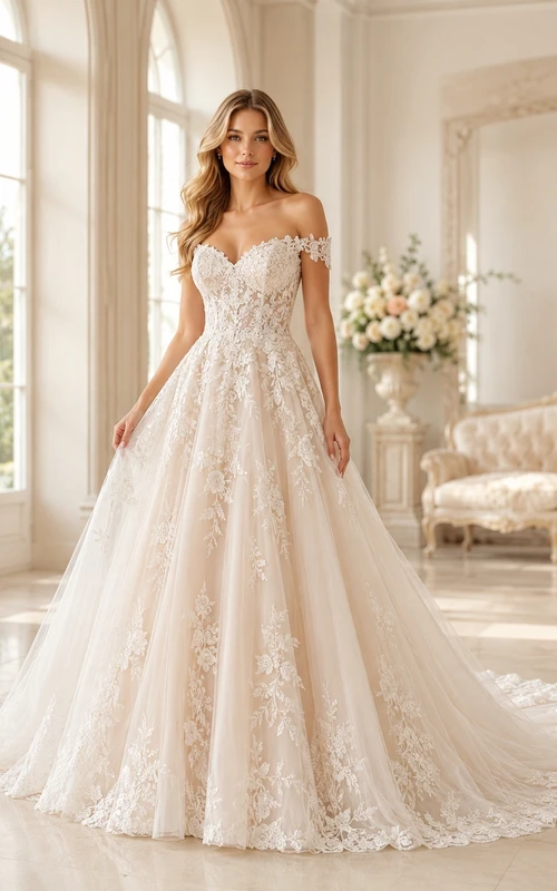 Champagnerfarbenes Brautkleid aus Spitze in A-Linie, schulterfrei, kurze Ärmel, Schleppe