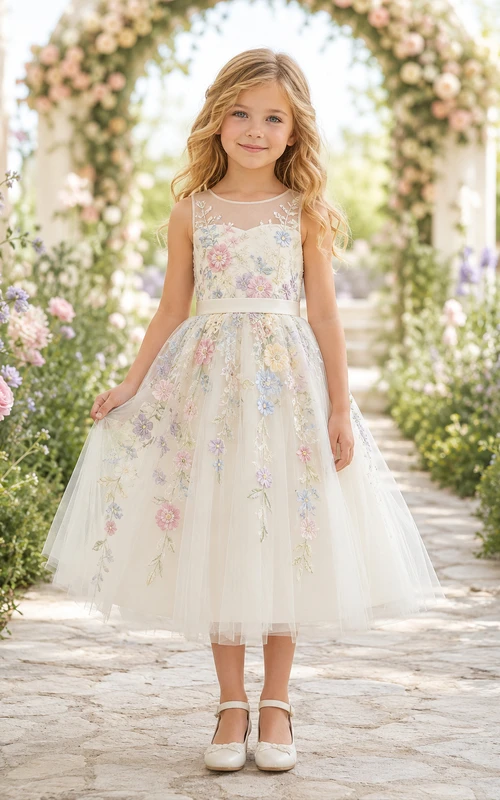 Elegante vestido de niña de flores de corte princesa, largo hasta la rodilla, con escote ilusión y bordado floral en tonos pastel.