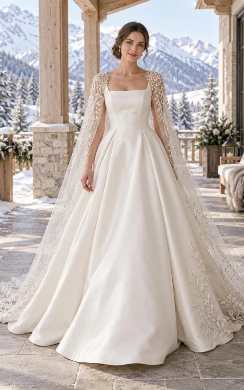 Square Neck Winter Sleeveless Floral Embroidered Sheer Cape Satin A-line Wedding Dress