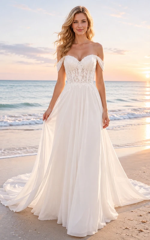Off-Shoulder Lace Bodice Chiffon Seaside Wedding Bridal Gown