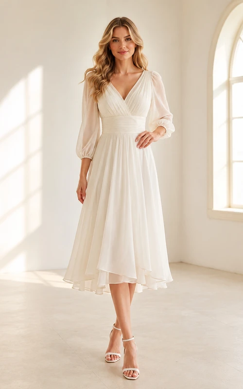 Robe de mariée romantique en mousseline, coupe trapèze, longueur thé, col en V, manches longues, style A-line, style Airy Renewal