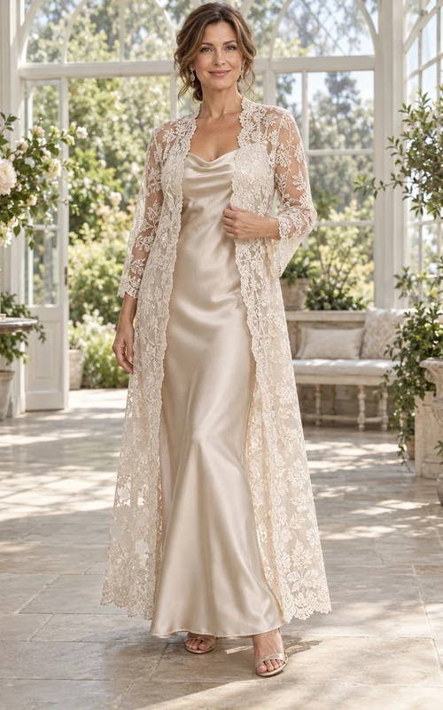 Segundo vestido de novia elegante de encaje, satén, escote cuadrado, manga larga y largo hasta el suelo.