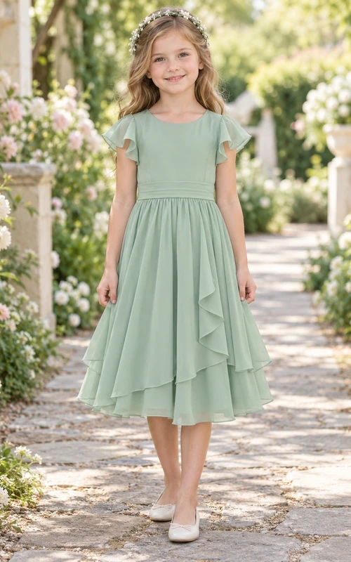 Tea-length Celadon Bateau Flutter Sleeve Layered Chiffon A-line Flower Girl Dress