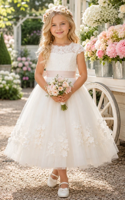 Flower Girl Dress A-Line Cream Floral Lace Tulle Cap Sleeve Garden