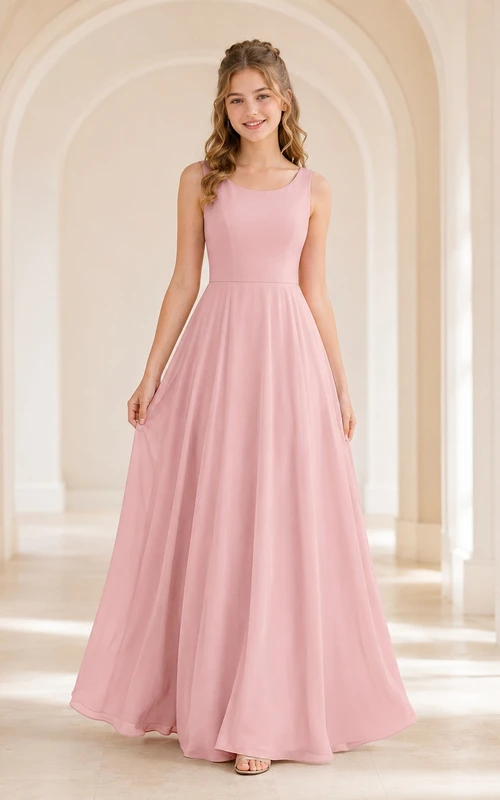 Vestido de dama de honor juvenil rosa ruborizado, corte en A, sin mangas, de gasa sencilla.