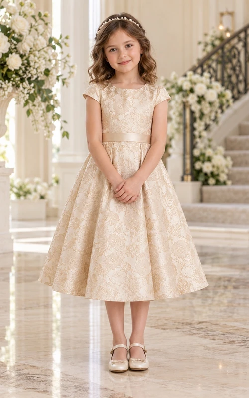 Knee-length Champagne Floral-textured A-line Cap-sleeve Pleated-skirt Bow-back Round-Neck Flower Girl Dress