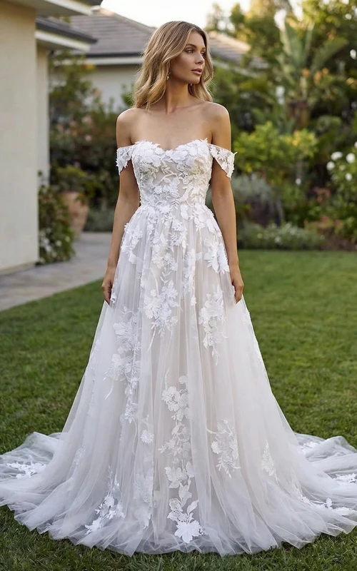 Off-the-Shoulder Wedding Dress Floral Lace Appliqué Tulle A-Line Gown