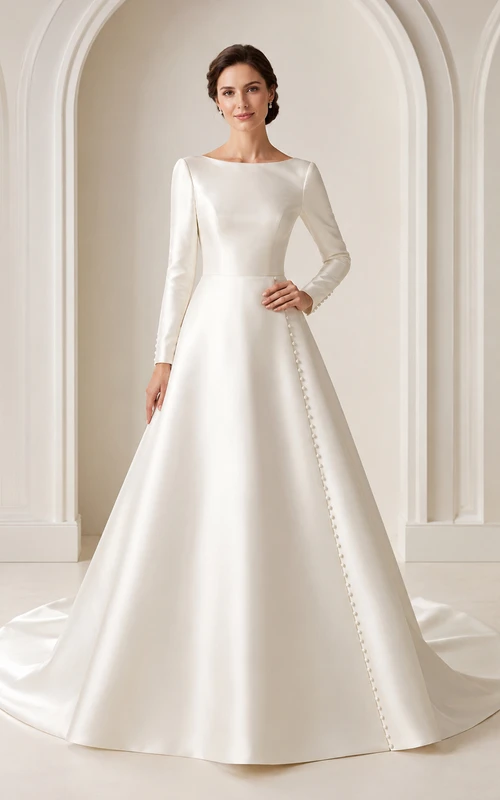 Long Sleeve Bateau Satin A Line Pearl Button Wedding Dress