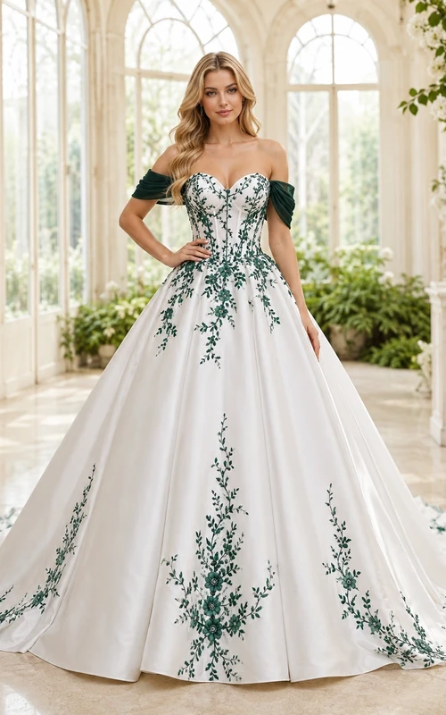 Emerald Botanical Bridal Ball Gown Off-the-shoulder Short Sleeve Cathedral Train Romantic Elegant Gown