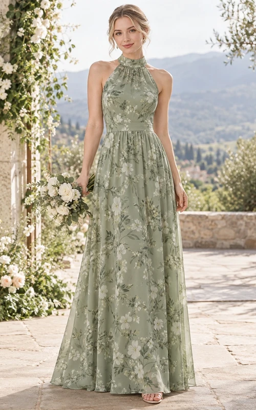Brautjungfernkleid aus ärmellosem, fließendem Chiffon mit hohem Kragen und botanischem Salbeimuster in Bodenlänge