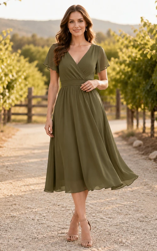 Robe de demoiselle d'honneur olive en mousseline de soie, col en V, manches courtes, longueur thé