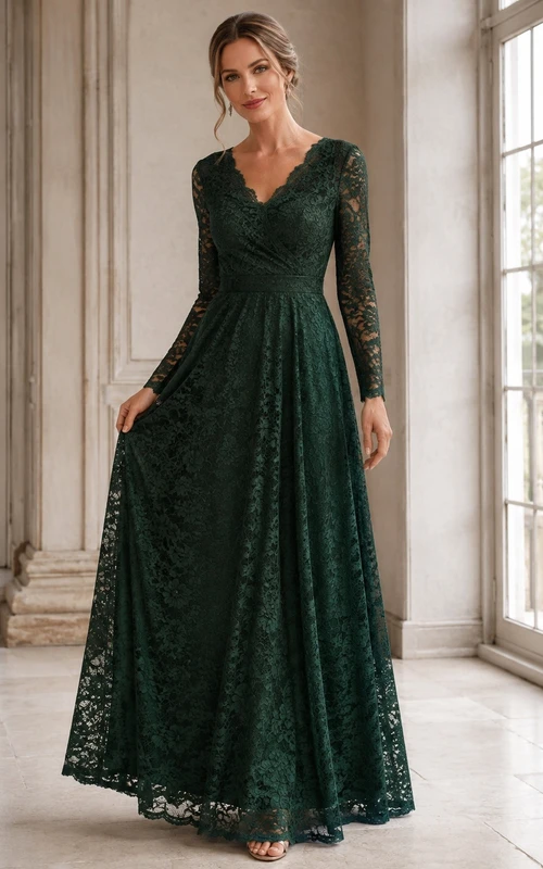 Dunkelgrünes, formelles Abendkleid in A-Linie mit V-Ausschnitt, langen Ärmeln und Spitze
