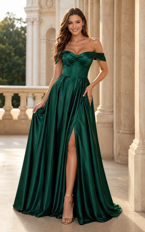 Emerald Off Shoulder Ruched Satin A-Line Floor Length Slit Prom Dress