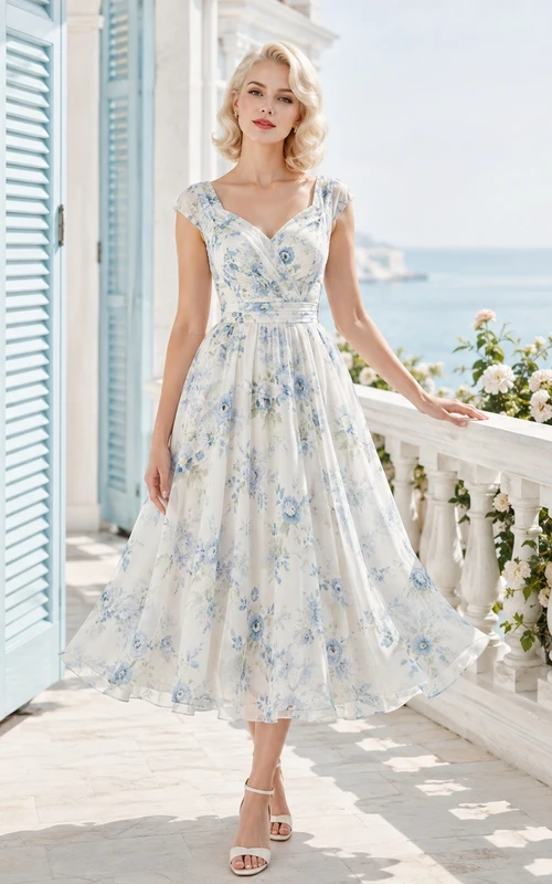 Robe midi sans manches à col carré vintage bleu ciel à fleurs et style vintage