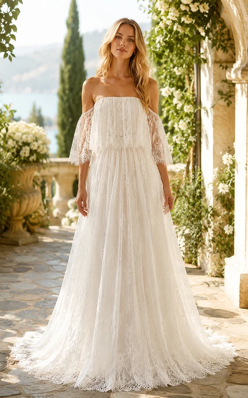 Vestido de novia de corte A con volantes de encaje y hombros descubiertos color marfil