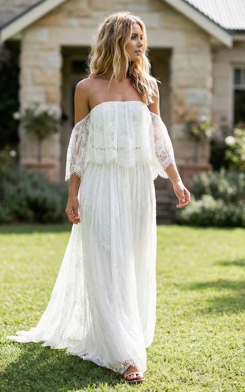 Robe de mariée bohème en tulle à épaules dénudées