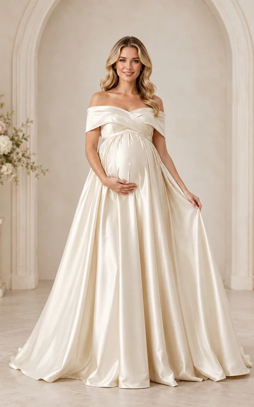 Vestido de fiesta premamá color marfil, largo hasta el suelo, con escote Bardot, manga corta y satén, estilo romántico.