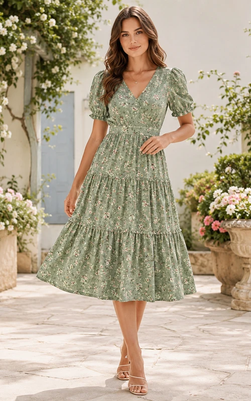 Green Floral V-Neck Puff Sleeve Tiered Midi Dress