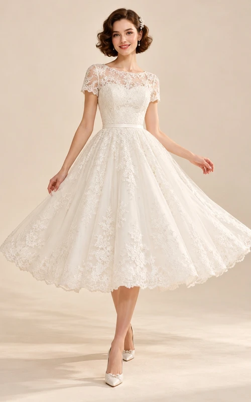 Tea-length Short Sleeve Illusion Floral Lace A-line Wedding Dress