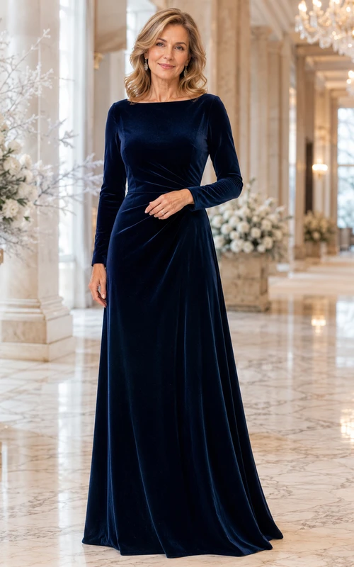 Dunkelblaues, schlichtes, bodenlanges A-Linien-Kleid aus Samt mit U-Boot-Ausschnitt und langen Ärmeln – ideal für festliche Wintertage und als Kleid für die Mutter der Braut