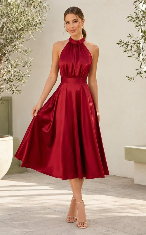Red Halter Sleeveless Ruched Satin A-Line Tea-Length Dress