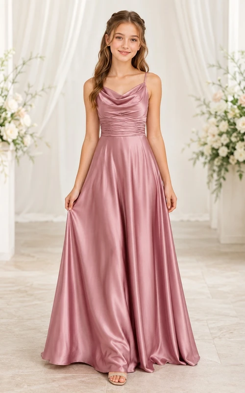Vestido de dama de honor juvenil color rosa empolvado, corte en A, escote drapeado, sin mangas, charmeuse elegante.