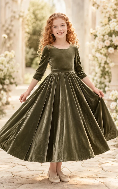 Flower Girl Dress A-Line Dark Green Velvet Three Quarter Sleeve Formal
