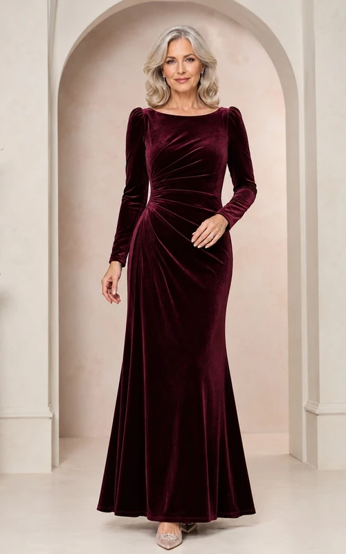 Burgundy Velvet Long Sleeve Jewel Neck Ruched Floor-Length Mermaid Mother Dress